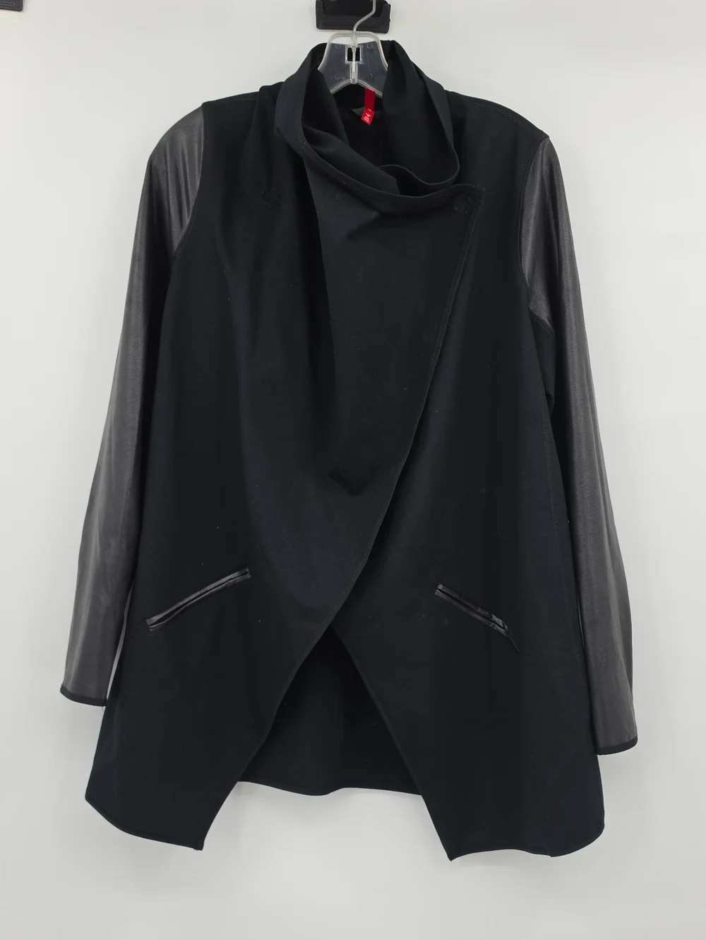 SPANX Black Draped Jacket with Faux Leather Sleeves Size L